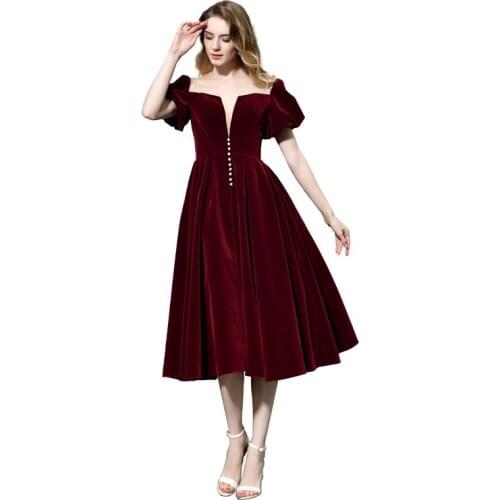 Milomi.CP Velvet Square Neck Short Sleeve Tea Length Ball Gown Abendkleider Dress party Robe de soiree Evening dress 26389