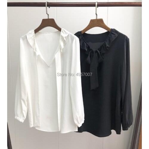 High-end Silk White/Black Blouse Shirt Top Features Ruffled Detail & Ribbon Neckties - 2019 Spring Summer Ladies Top