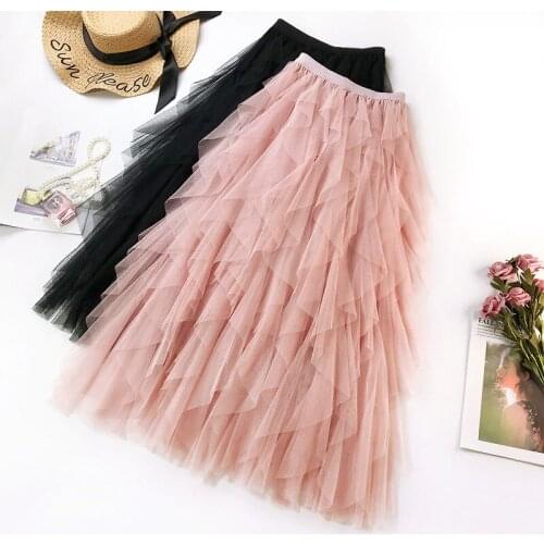 Wasteheart Pink Black Women Skirts Mesh High Waist Pleated Ankle Length Long Skirt Ball Gown Chiffon Clothing Plus Size Japanese
