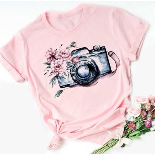 Womens Clothes 2021 Summer Vintage Floral Camera Print Tee Shirt Femme Cute Pink Tshirt Lady Pink Top Student Casual T Shirt
