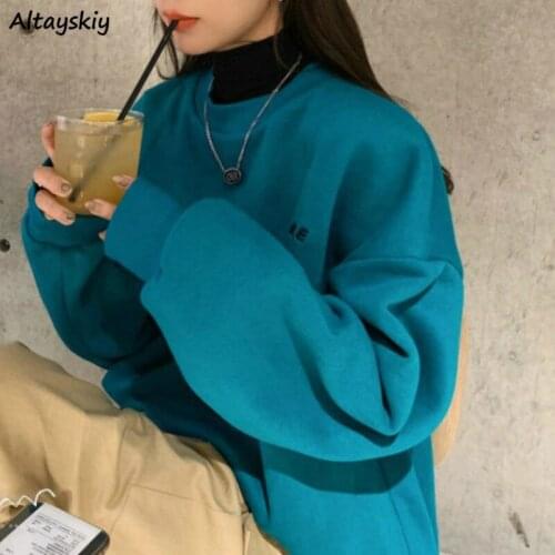 No Hat Sweatshirts Women Embroidery Various Color Letter Simple Korean Style Plus Velvet Chic Leisure All Match Thicker Hoodies