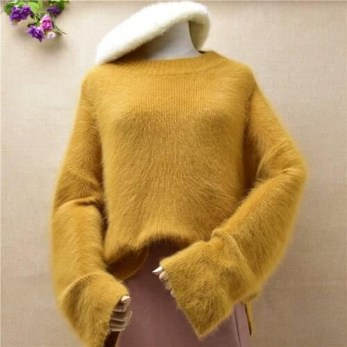 Female women hairy o-neck hairy fuzzy mink cashmere long flare sleeves loose pullover angora rabbit fur winter jumper sweater