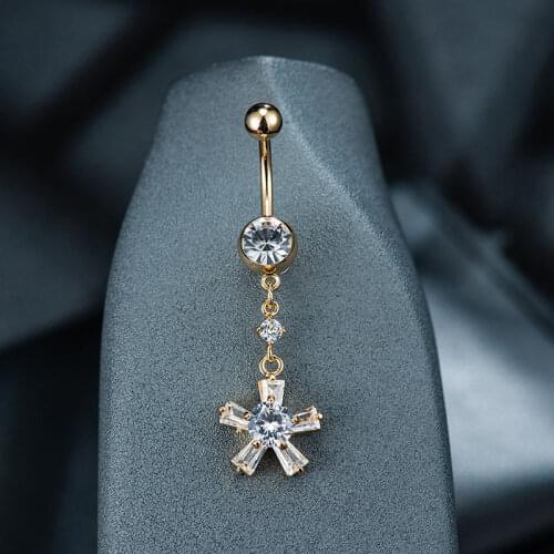 Unique Flower Shape Exquisite Zircon Women Navel Ring Simple Gold Medical Stainless Steel Crystal Belly Button Piercing Rings
