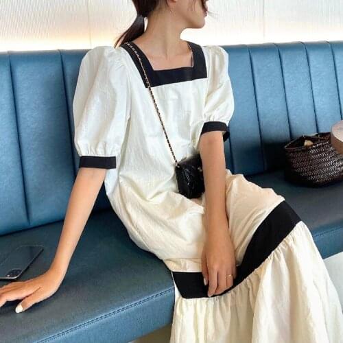 Korean Chic Summer French Style Thin Square Collar Contrast Color Loose Long Puff Sleeve Hem Lotus Leaf Dress Women