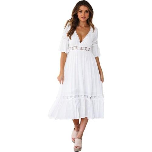 White Lace Stitching Dress Women Summer Fashion Flared Sleeves Deep V Hollow Out Slim Vacation Beach Midi Dresses Female LR1450