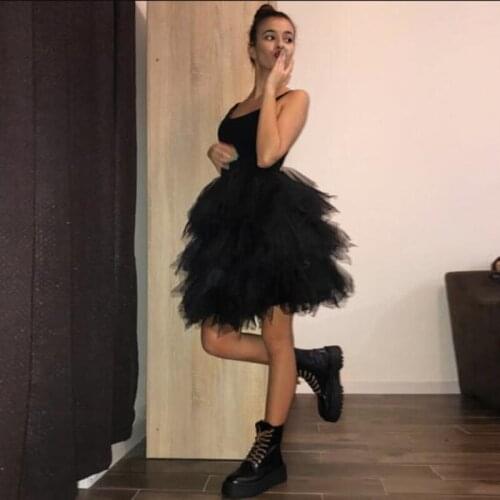 Elegant Black Tiered Layered Tulle Skirt Zipper Waistline A Line Knee Length Skirts Women Custom Made Any Color Skirts