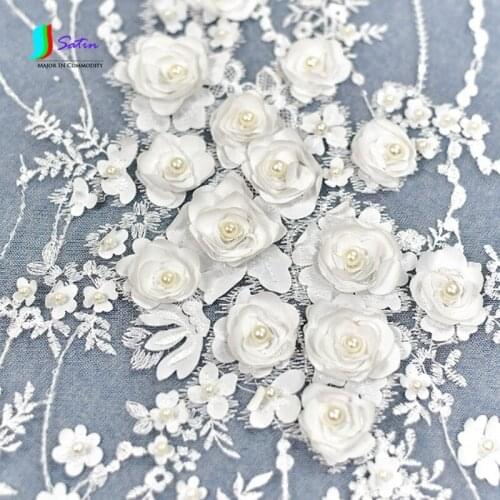 European Luxury Embroidered Three-Dimensional Satin Bead Sequins Lace Fabric Wedding Dress Manual DIY Material Dress Cloth S042M
