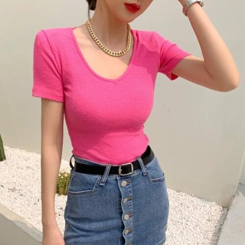 2021 Summer Basic Solid T Shirt Women Tees Sexy Deep V-neck Ribbed Tee Shirts Femme Slim Elastic Skinny Tops with Shoulder Pads