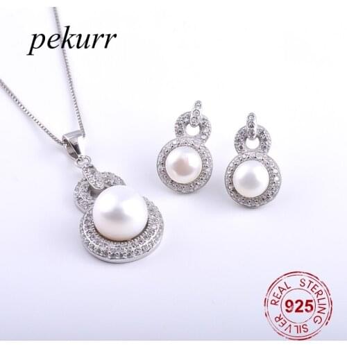 Pekurr 925 Sterling Silver Hollow Zircon Gourd Freshwater Natural Pearl Earrings Necklace Sets For Women Round Hoop Pendant Set