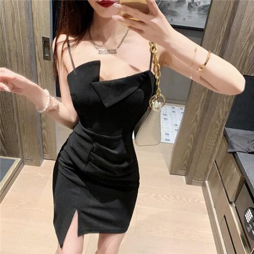 Summer 2020 new fashion temperament sweet sexy self-cultivation split sling black slim irregular dress