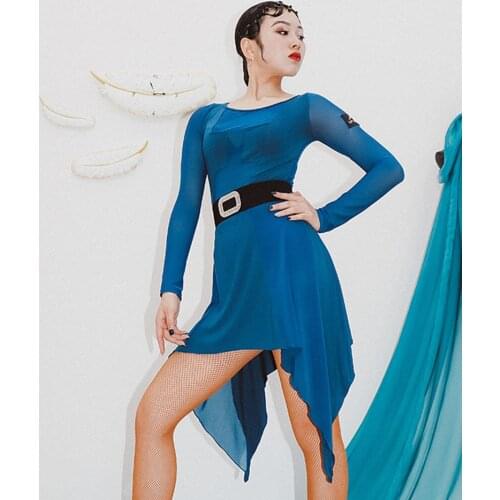 2020 New Long Sleeve Black and Blue Selected Latin Dance Dress Dancing Performance Women Dress Ballroom Samba Tango
