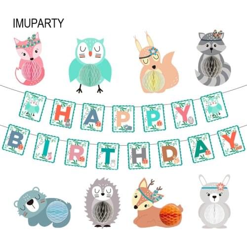 New Jungle Party Banner Cartoon Animals Honeycomb Pendant Home Decor Happy Birthday Party Decorations Kids Blue Cute Rabbit Owl