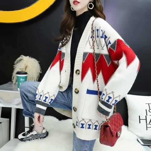 Autumn 2021 Women Sweater Cardigan Knitted Long Sleeve Cardigan V neck Vintage Loose Cardigans Single-breasted Casaco Feminino