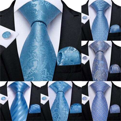 Gift Men Tie Light Blue Solid Silk Wedding Tie For Men DiBanGu Design Hanky Cufflink Quality Men Tie Set Dropshipping