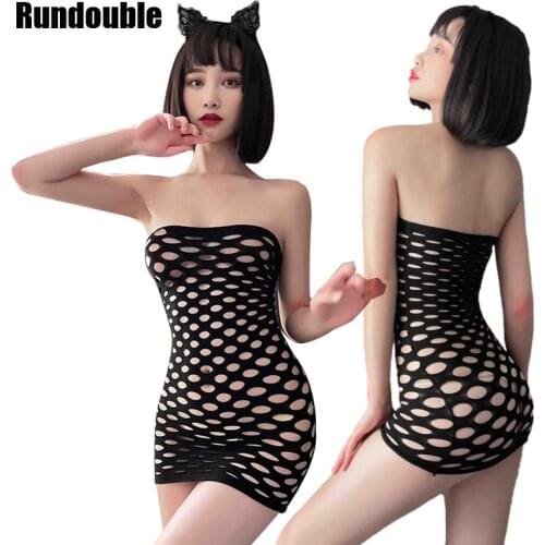 Sexy Women Net Skirt Whole Body Hollow Out Fishnet Elasticity Mini Dress Lingerie Allure Bag High Nightdress Sexual Sleepwear