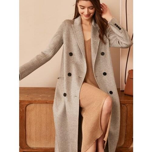 Grey water ripple high-end double-sided cashmere coat womens medium and long suit collar wool coat Hepburn winter