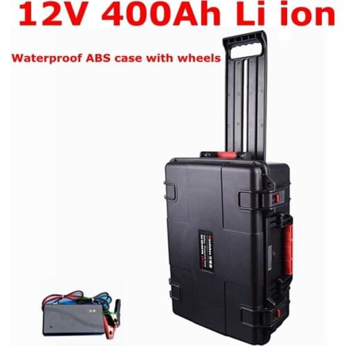 Waterproof 12V 400AH lithium ion batteryli ion with BMS wheel trolley case for Solar inverter caravan boat UPS + 20A Charger