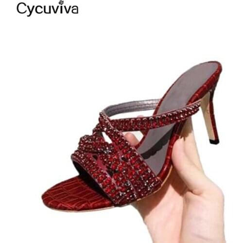 Cycuviva Women Glitter Rhinestone High Heels Slippers Summer Peep Toe Crystal Mules Slippers Runway Party Dress Shoes Woman