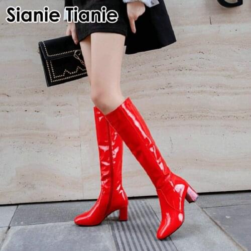 Sianie Tianie 2020 winter patent PU leather white red black woman boots block high heels women knee-high boots shoes big size 45