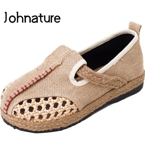 Johnature 2020 New Summer Handmade Hollow Breathable Round Toe Casual Solid Sewing Light Slip-on Linen Cotton Shoes Woman Flat