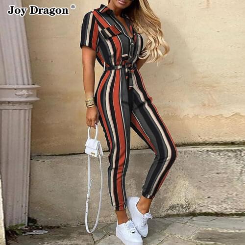 Overalls for Women 2021 Belt Casual Lapel Summer Jumpsuit Bodysuit Elegant Rompers Playsuits Fashion Ladies Long Pants Outfit