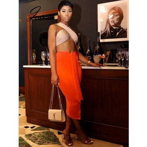 Joskaa Crop Top and Midi Skirt 2 Piece Sets Women Fashion Streetwear Summer 2021 Sexy OL Commuting Clothing Multiple Wear Tops