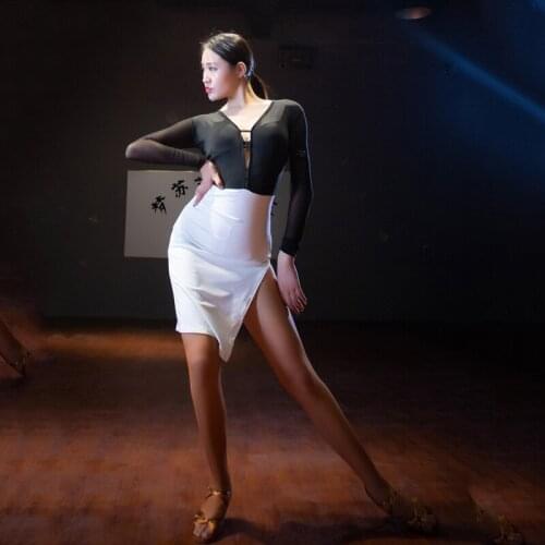 New Latin Dress Ladies Dancing Practice Clothes Black&White Contrast Autumn Female Dance Dress Flamengo Stage Show Costume BI954