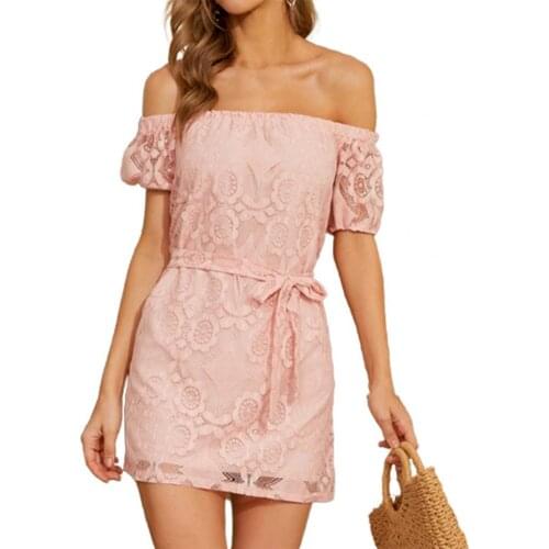 Women Party Dress Off Shoulder Lace Strapless Short Sleeve Belt Sexy Ladies Solid Color Summer Dress robe femme женское платье