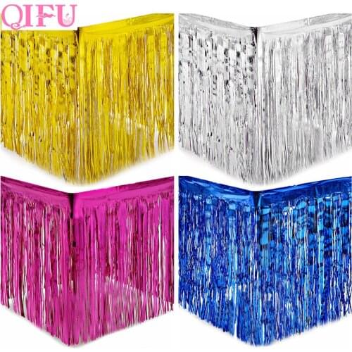 QIFU Gold Foil Fringe Table Skirt Metallic Tinsel Curtain Silver Tassel Garlands Wedding Party Decoration Birthday Party Decor