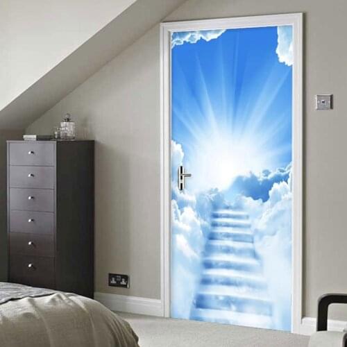 Blue Sky And White Clouds Stairs Door Sticker 3D Classic Landscape Wallpaper Living Room Bedroom Bathroom PVC Home Decals Murals
