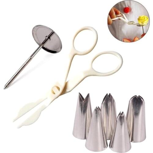 7Pc/Set Cake Decorating Tools 5pcs Leaves Tip Pastry Nozzles + 1 Cake Tray Stand + 1 Cream Scissor Lifter Transfer Baking Tools