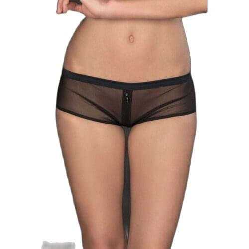 Hot Sexy Women Perspective Mesh Zipper Open Cross Mini Briefs Low Waist Exotic Lingerie Ladies Transparent Boxer Shorts Panties