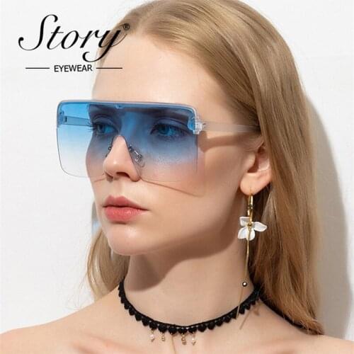 STORY Fashion One Piece Lens Oversized Sunglasses Women Men 2021 Brand Designer Trendy Flat Top Mirrored Blue Big Goggles S4314