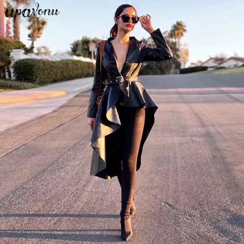 2020 Fashion Autumn Pu Leather Ladies Jacket Coat Coat Lapel Long Sleeve Irregular Belt Hem Ruffled Ladies Jacket Coat