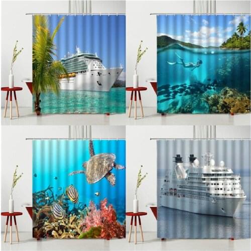 Summer Sunny Beach Landscape Shower Curtains Cruise Ship Coconut Tree Bathtub Decoration Bathroom Screen Multiple Size