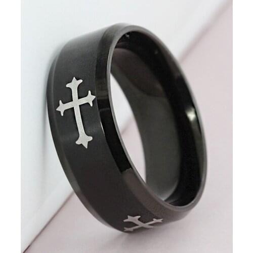 8mm Chrisitan Cross Religious Ring for Men Titanium Steel Comfort Rings Size 7-13 Birthday Gift