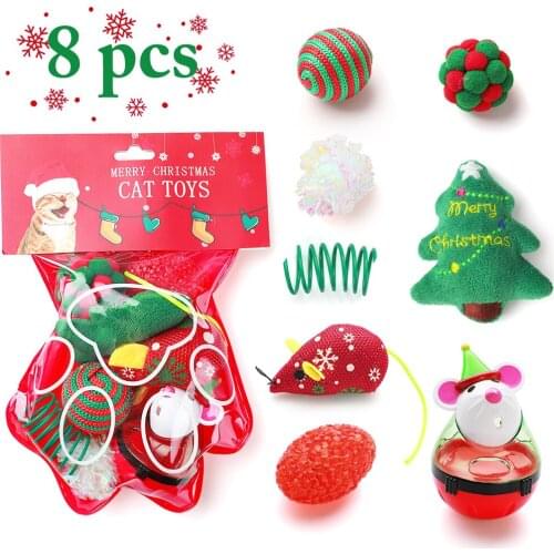 8pcs Christmas Cat Toy Set Funny Cat Food Ball Cat Toy False Mouse Pet Chew Toys Cat Spring Crinkle Ball Toy For Cats