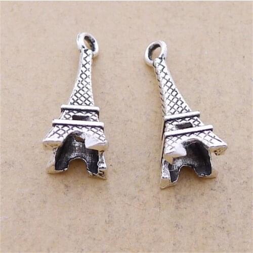 BULK 30 Zinc Alloy Frence Paris Eiffel Tower Charms Antique Silver Plated Travel Pendant 7*26mm 1.1g