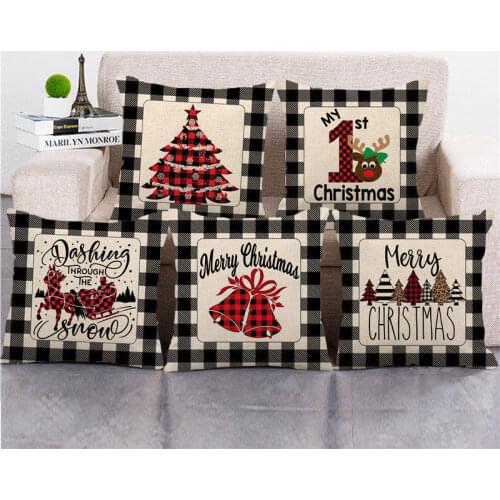 Wholesale pillowcase Black red Plaid and tree and bells cushion cover linen/cotton sofa pillow cover decorative pillows