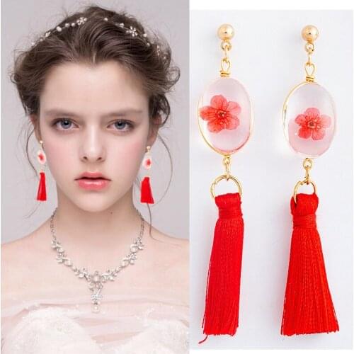 Tassels Ear Stud Clover of Four Leaves Daffodil Earrings Mori Girl Line Lace Tassels Dried Flower Earrings