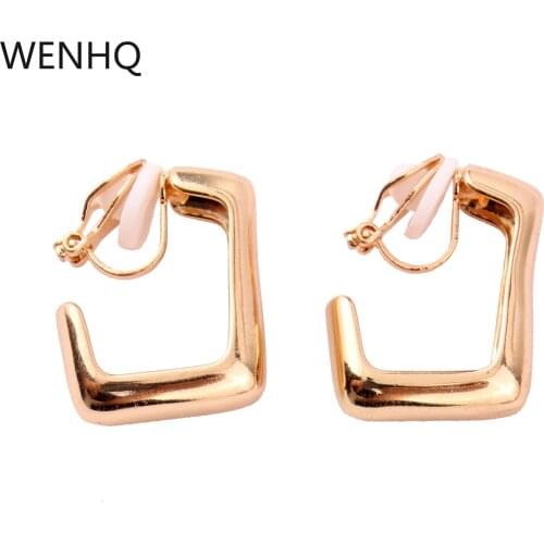 WENHQ European and American Style Clip on Earrings No Pierced Geometric Metal Gold Color Chunky Cuff Earrings Charm Ear Clip
