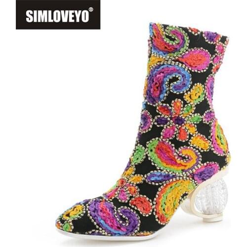 SIMLOVEYO Bohemian national style Transparent Strange high heels women boots ladies wedding shoes spring autumn size 44