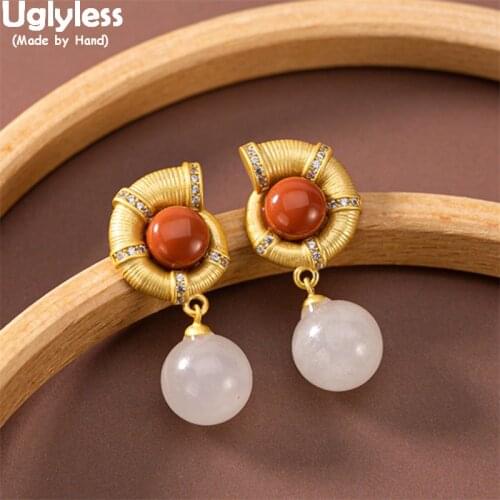Uglyless Designer Like a Conch Earrings for Women Gold Surface Anti-fade 925 Silver Brincos Bijoux Natural Jade Agate Earrings