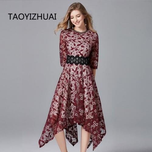 TAOYIZHUAI 2019 New Arrival Spring Vintage Style Red in white Plus Size L Sashes Asymmetrical Skinny Lace Dress for women 14172