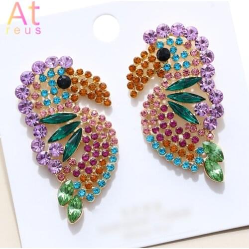 2020 INS Purple Parrot Earrings for Women Crystal Bird Drop Earrings Long Fringed Dangle Earrings Christmas Cute Animal