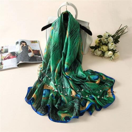 2021 Latest Lovely Animal Green Peacock Feather Silk Shawl Scarf Spain Luxury Brand Beach Bandanas Foulard Sjaal Wrap Hijab Caps