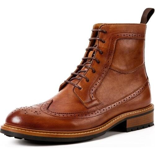 2021 Spring Handmade British Style Lace Up Wing Tip Brogue Leather Ankle Boots Oxfords Dressy Chukka-Shoes Martin Boots