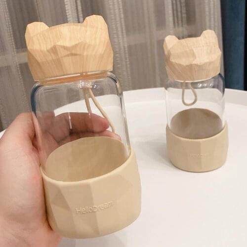 340ML Cute Bear Glass Water Bottle BPA Free Transparent Bottle Tour Sport Style Non-slip Drinkware Gift Coffee Cup