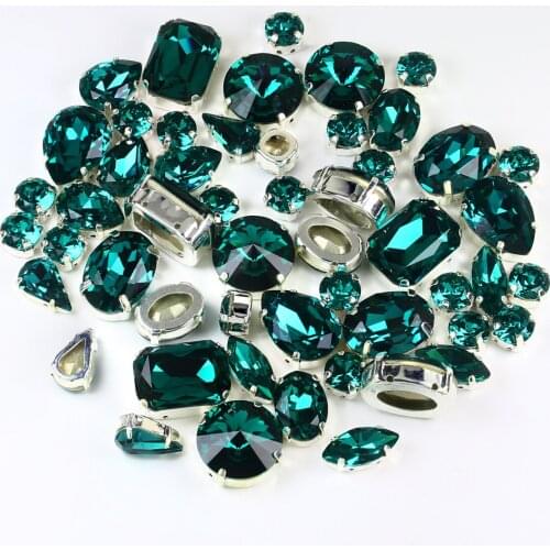 82 pcs Mixed Shapes Blue Zircon Sew on Crystal with 4 Hole Silver Setting for Jewelry Making Clothes Wedding Dress Handbags