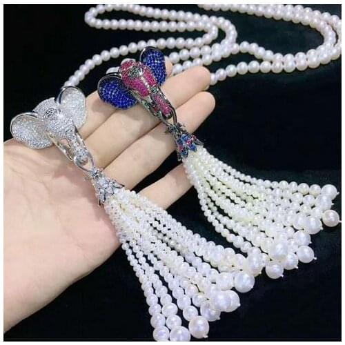 Free shipping Womens jewelry 8-9mm 75 15cm micro inlaid zircon elephant accessories white freshwater pearl tassels necklace